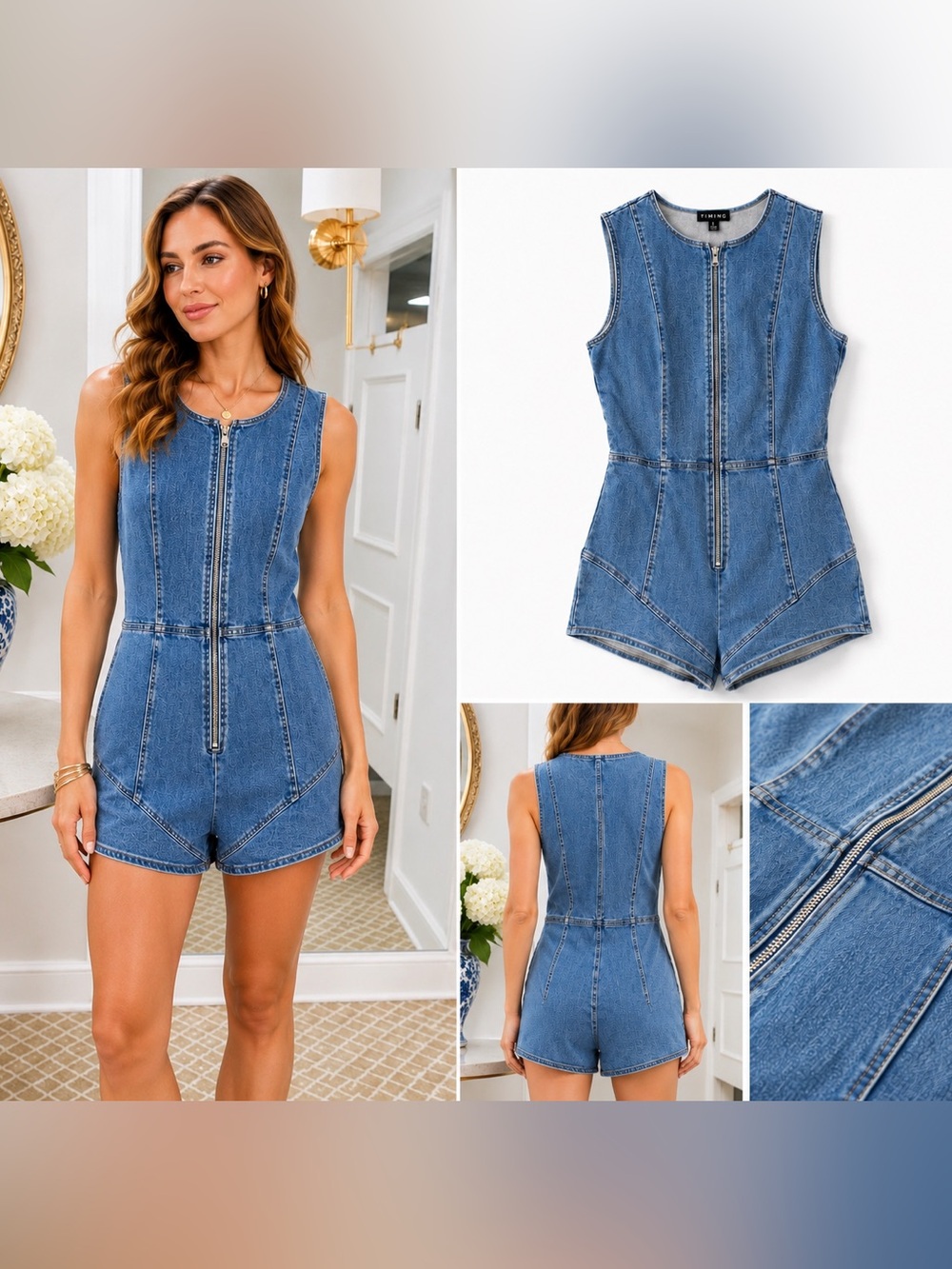 TIMING - Denim short Romper with Zipper NWT